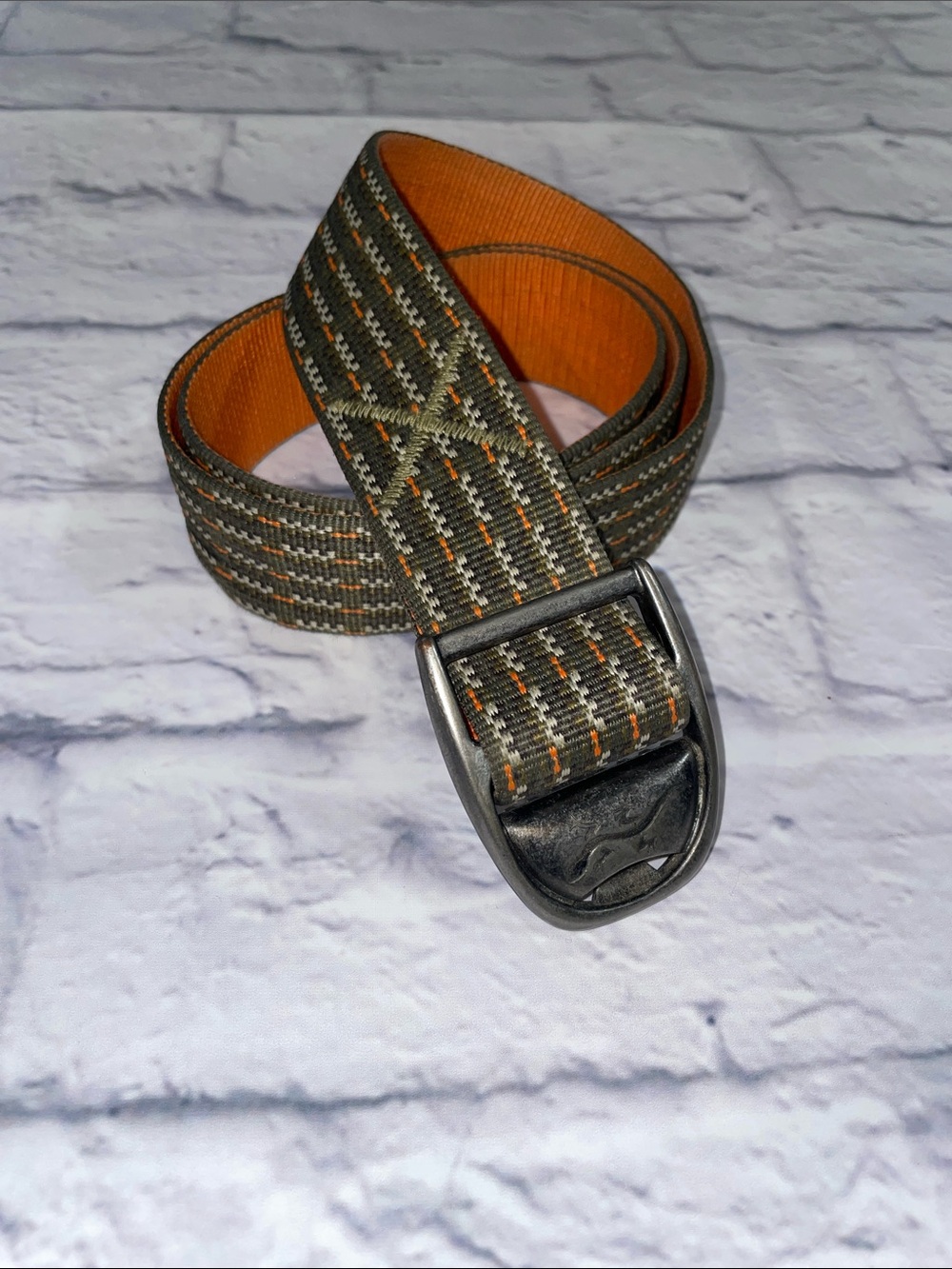 Chaco Orange and Green Patterned Web Belt with Metal Bottle Opener Buckle
